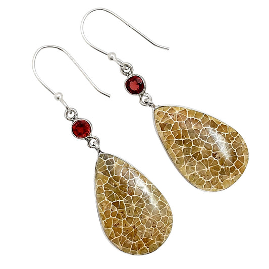 Flower Fossil Coral and Garnet Earrings E-1002 SDE91087