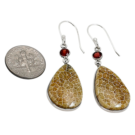 Flower Fossil Coral and Garnet Earrings E-1002 SDE91087