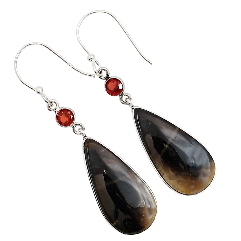 Root Plume Agate and Garnet Earrings E-1002 SDE91094
