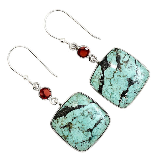 Natural Turquoise Morenci Mine and Garnet Earrings E-1002 SDE91269