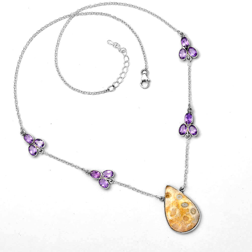 Natural Flower Fossil Coral & Amethyst Necklace N-1004 SDN1303