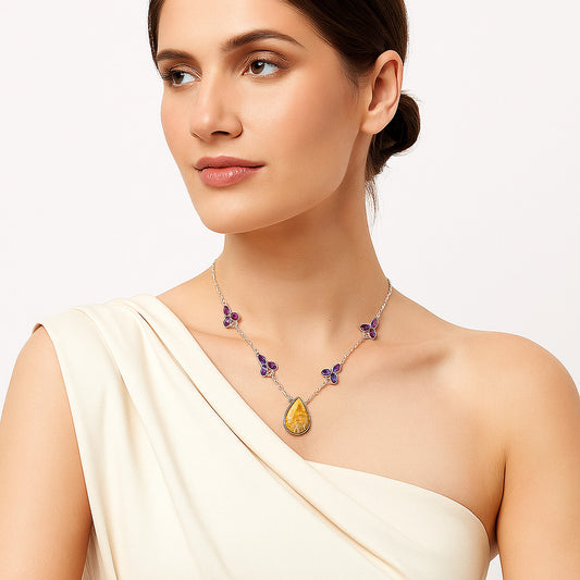 Natural Flower Fossil Coral & Amethyst Necklace N-1004 SDN1303