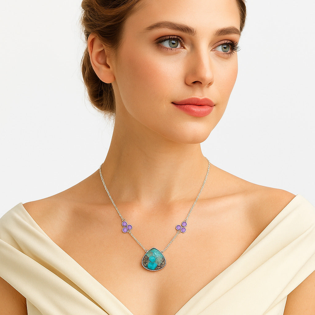 Kingman Turquoise With Pyrite & Amethyst Necklace N-1002 SDN1313