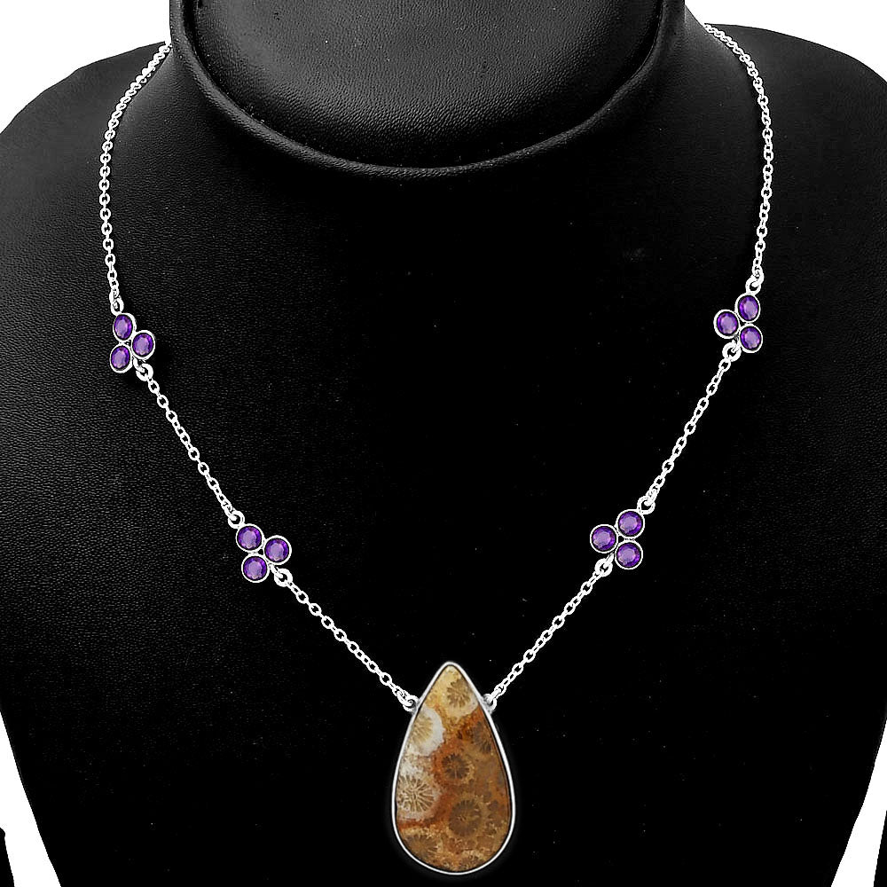 Natural Flower Fossil Coral & Amethyst Necklace N-1004 SDN1408