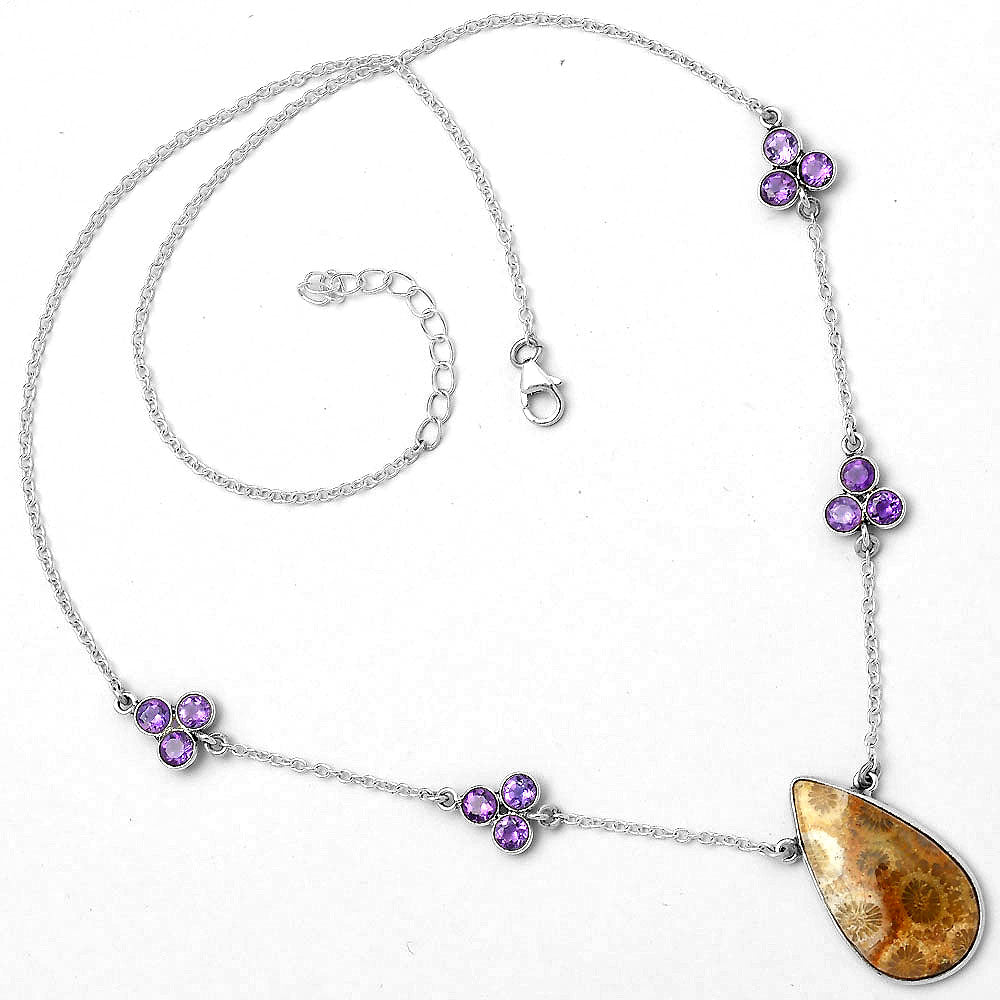 Natural Flower Fossil Coral & Amethyst Necklace N-1004 SDN1408