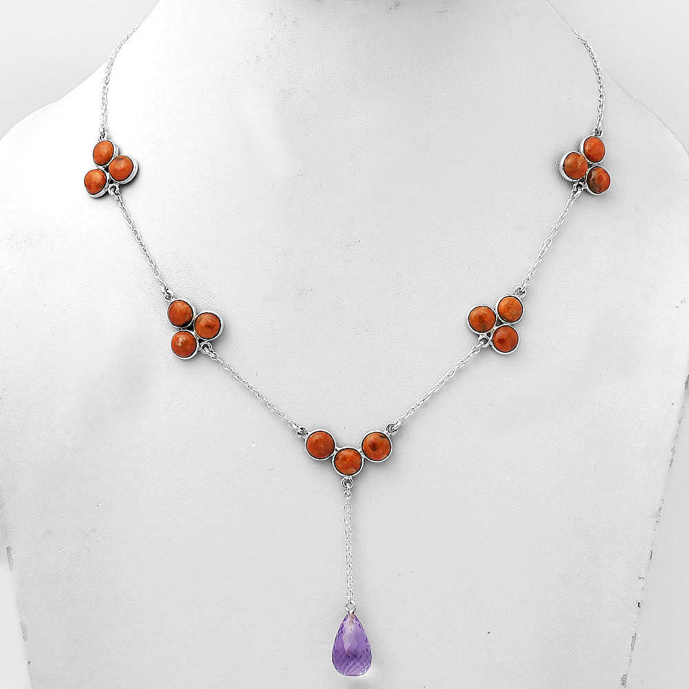 Faceted Amethyst Briolette Drop & Red Sponge Coral Necklace N-1005 SDN1432