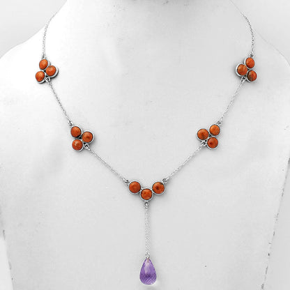 Faceted Amethyst Briolette Drop & Red Sponge Coral Necklace N-1005 SDN1432