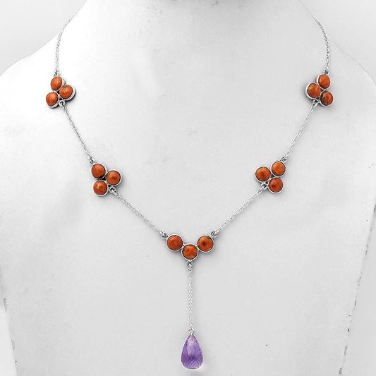 Faceted Amethyst Briolette Drop & Red Sponge Coral Necklace N-1005 SDN1432