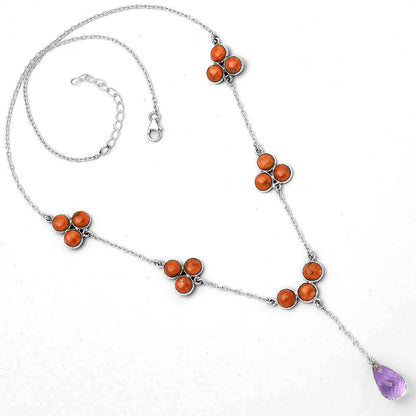 Faceted Amethyst Briolette Drop & Red Sponge Coral Necklace N-1005 SDN1432