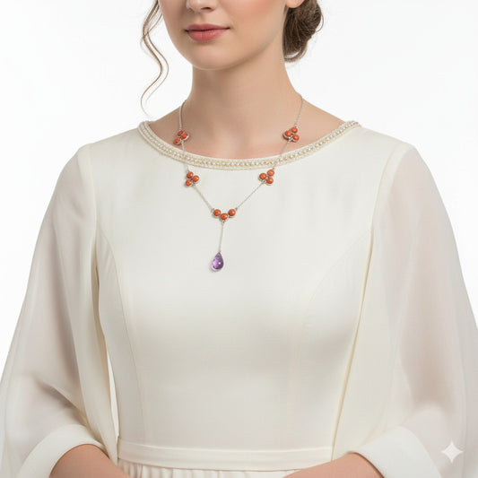 Faceted Amethyst Briolette Drop & Red Sponge Coral Necklace N-1005 SDN1432