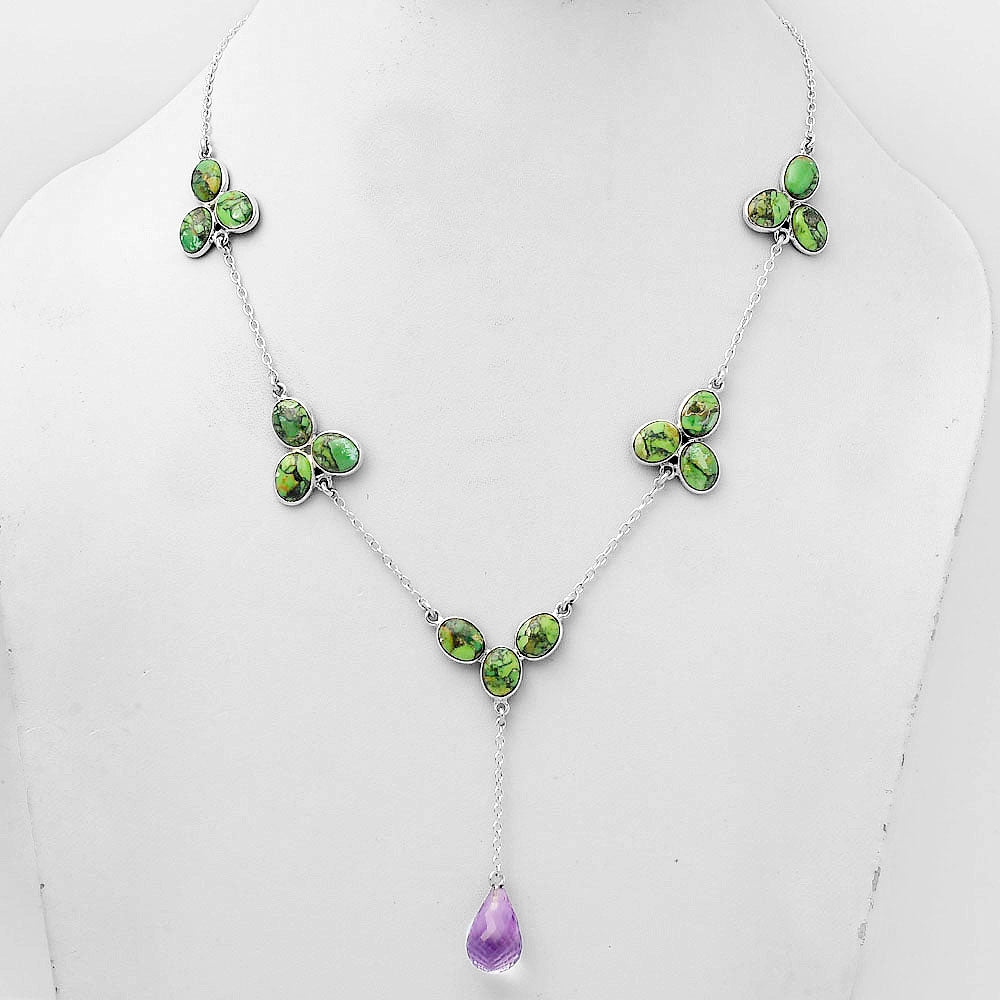 Faceted Amethyst Drop & Green Matrix Turquoise Necklace N-1005 SDN1447