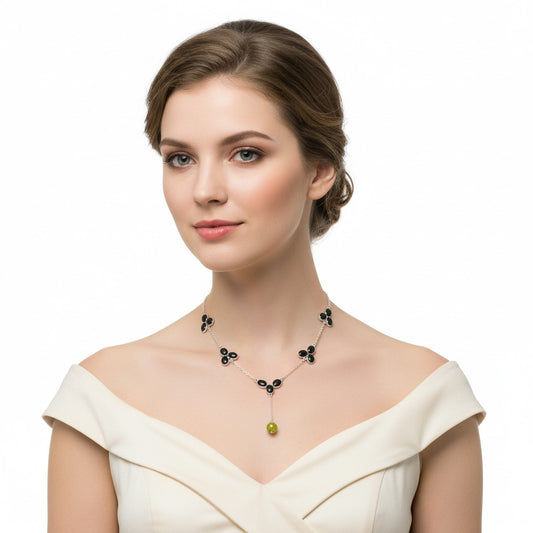 Faceted Lemon Quartz Briolette Ball & Black Onyx Necklace N-1005 SDN1450