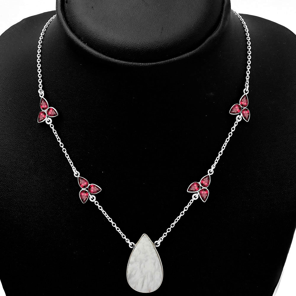 Natural White Scolecite & Garnet Necklace N-1004 SDN1481