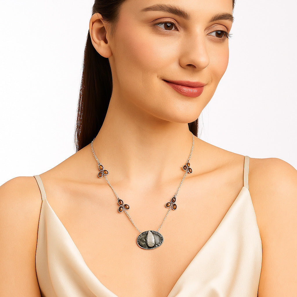 Natural Mexican Cabbing Fossil & Smoky Quartz Necklace N-1004 SDN1666