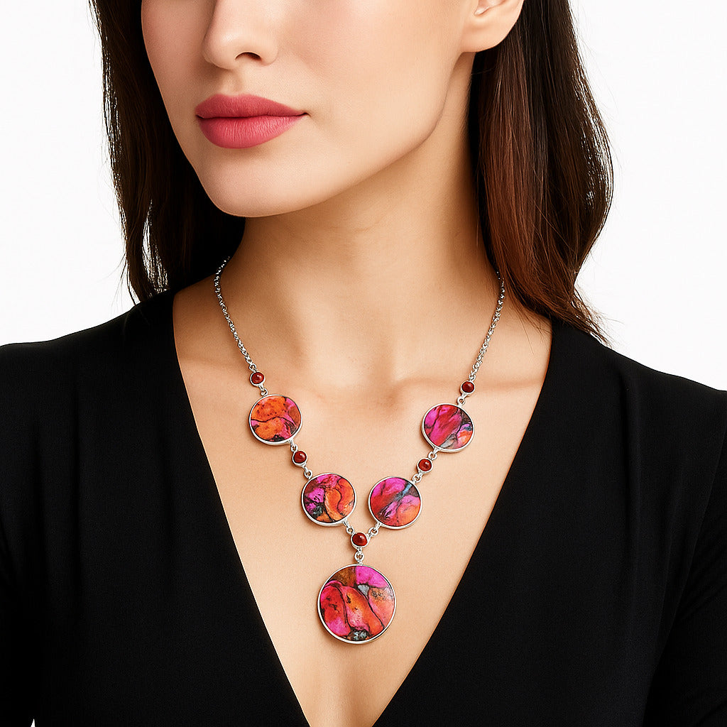 Kingman Orange Dahlia Turquoise & Garnet Necklace N-1022 SDN1797