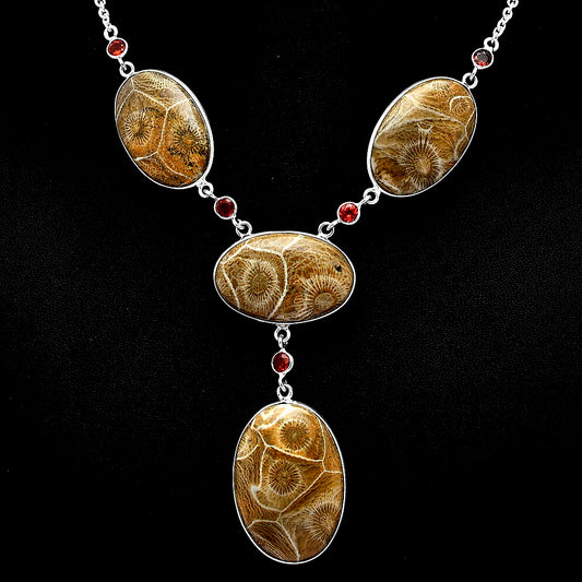 Natural Flower Fossil Coral & Garnet Necklace N-1023 SDN1951