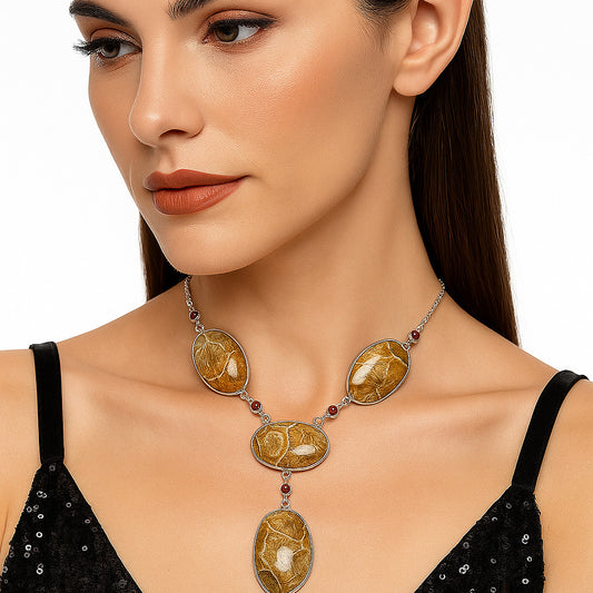 Natural Flower Fossil Coral & Garnet Necklace N-1023 SDN1951