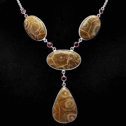 Natural Flower Fossil Coral & Garnet Necklace N-1023 SDN1955