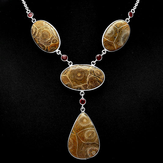 Natural Flower Fossil Coral & Garnet Necklace N-1023 SDN1955