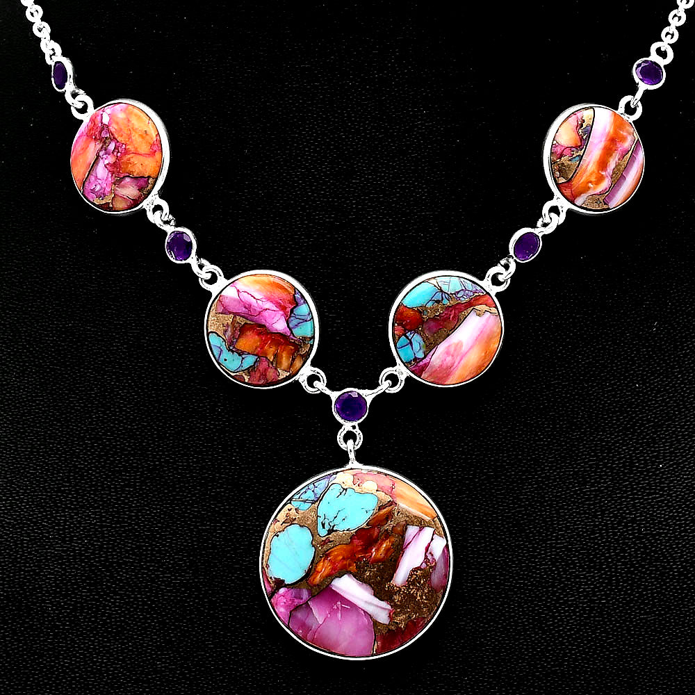 Kingman Orange Dahlia Turquoise & Amethyst Necklace N-1022 SDN1972