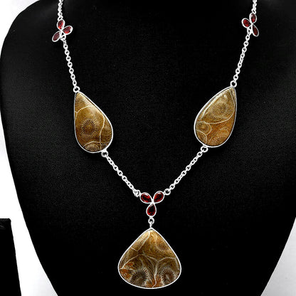 Natural Flower Fossil Coral & Garnet Necklace N-1021 SDN1993