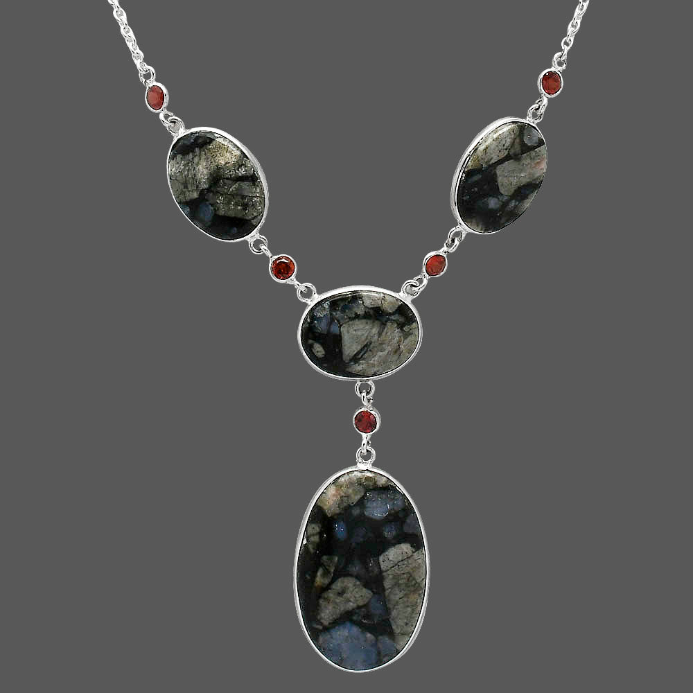 Llanite Blue Opal Crystal Sphere & Garnet Necklace N-1023 SDN2032