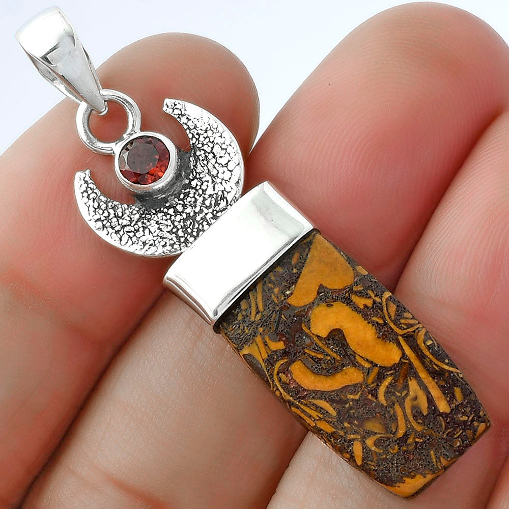 Crescent Moon - Coquina Fossil Jasper & Garnet Pendant P-1453 SDP103226