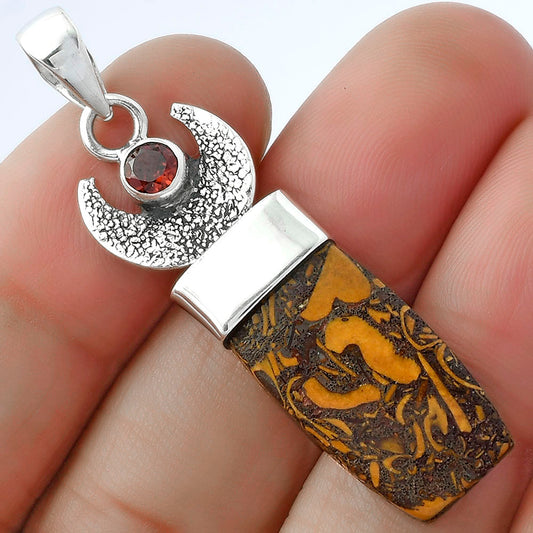 Crescent Moon - Coquina Fossil Jasper & Garnet Pendant P-1453 SDP103226