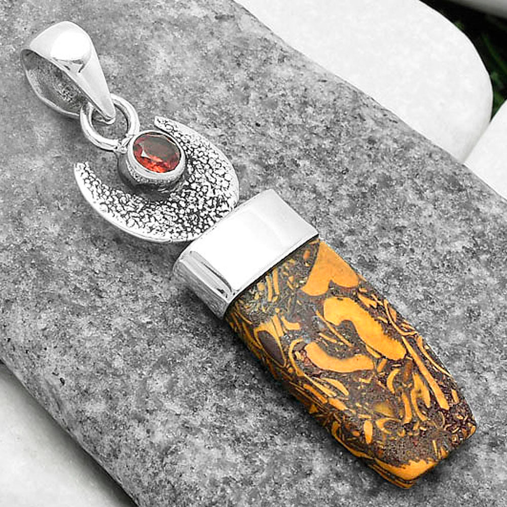Crescent Moon - Coquina Fossil Jasper & Garnet Pendant P-1453 SDP103226