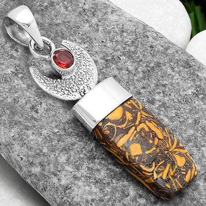 Crescent Moon - Coquina Fossil Jasper & Garnet Pendant P-1453 SDP103239