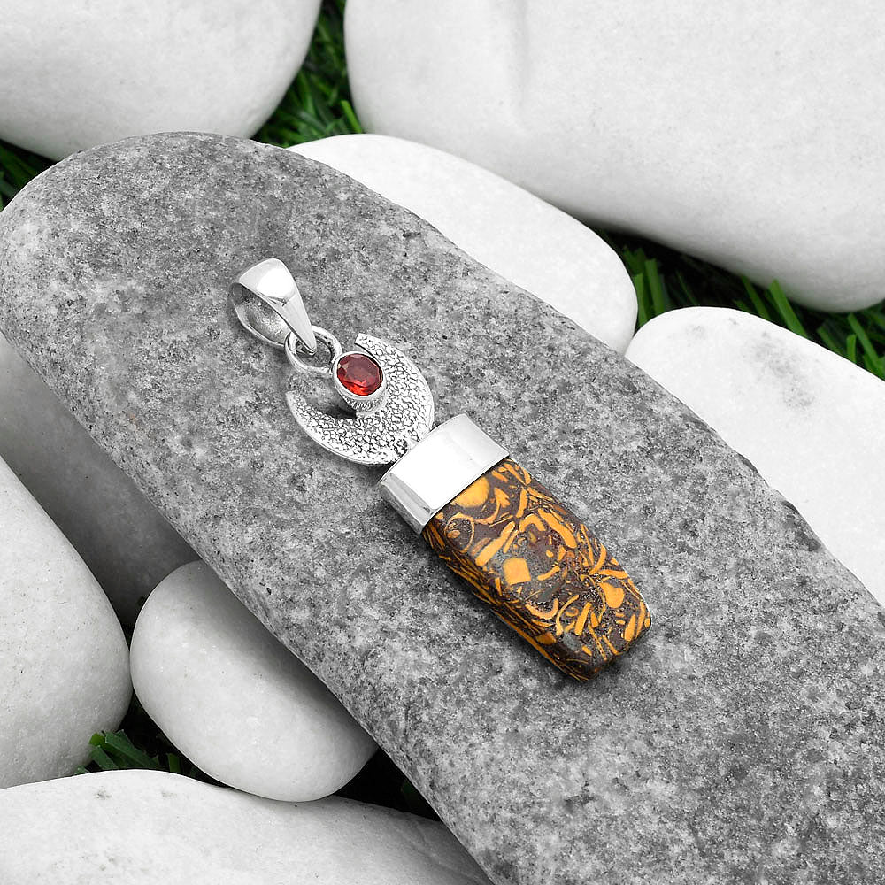 Crescent Moon - Coquina Fossil Jasper & Garnet Pendant P-1453 SDP103239