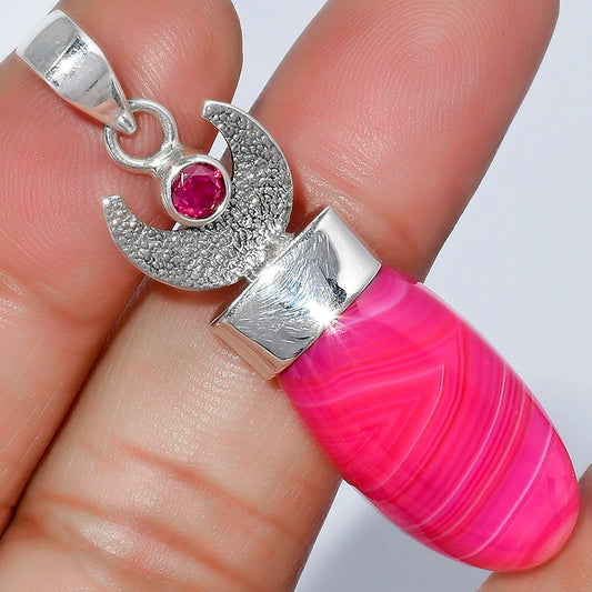 Crescent Moon - Pink Botswana Agate & Garnet Pendant P-1453 SDP103255