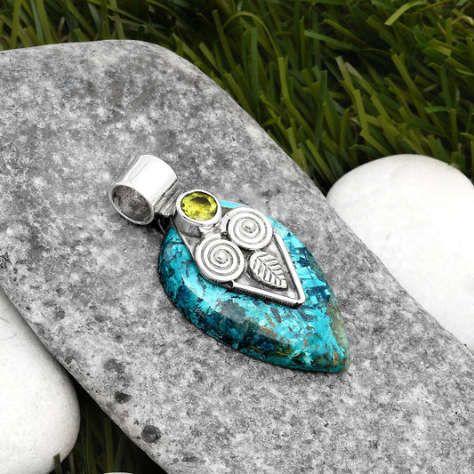 Natural Azurite Chrysocolla & Peridot Pendant P-1649 SDP108177