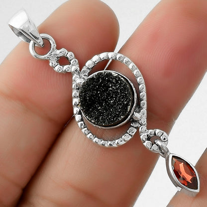 Natural Black Druzy & Garnet Pendant P-1115 SDP109498
