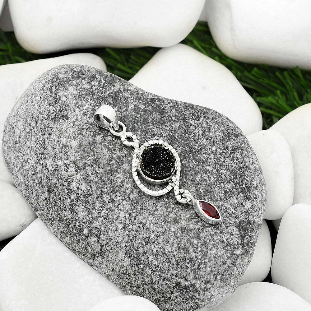 Natural Black Druzy & Garnet Pendant P-1115 SDP109498