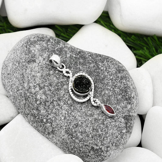 Natural Black Druzy & Garnet Pendant P-1115 SDP109498