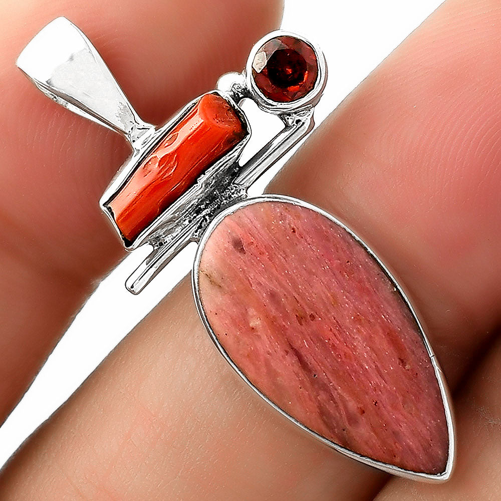 Pink Tulip Quartz, Coral Stick & Garnet Pendant P-1708 SDP109533