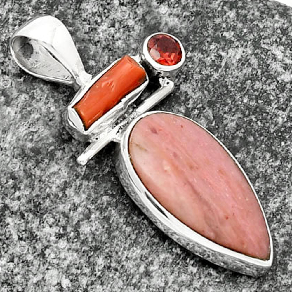Pink Tulip Quartz, Coral Stick & Garnet Pendant P-1708 SDP109533