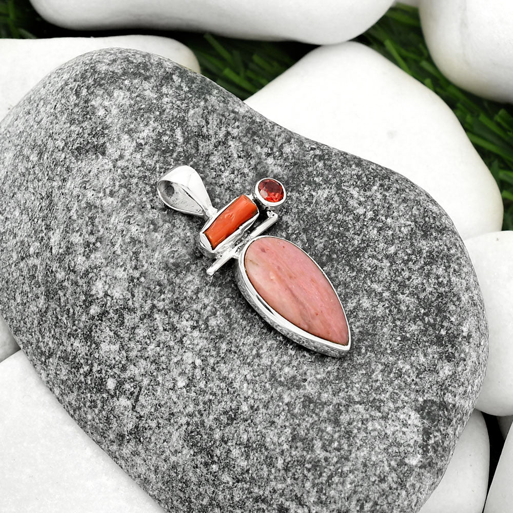 Pink Tulip Quartz, Coral Stick & Garnet Pendant P-1708 SDP109533