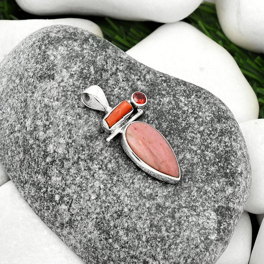 Pink Tulip Quartz, Coral Stick & Garnet Pendant P-1708 SDP109533