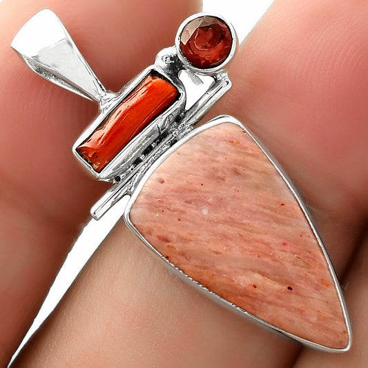Pink Tulip Quartz, Coral Stick & Garnet Pendant P-1708 SDP109547