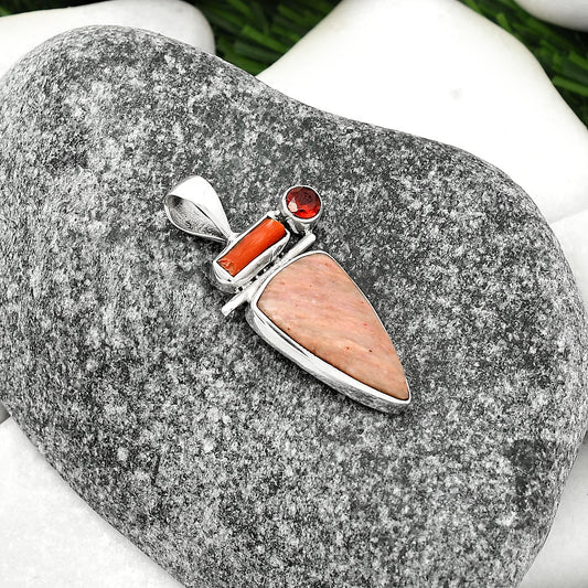 Pink Tulip Quartz, Coral Stick & Garnet Pendant P-1708 SDP109547