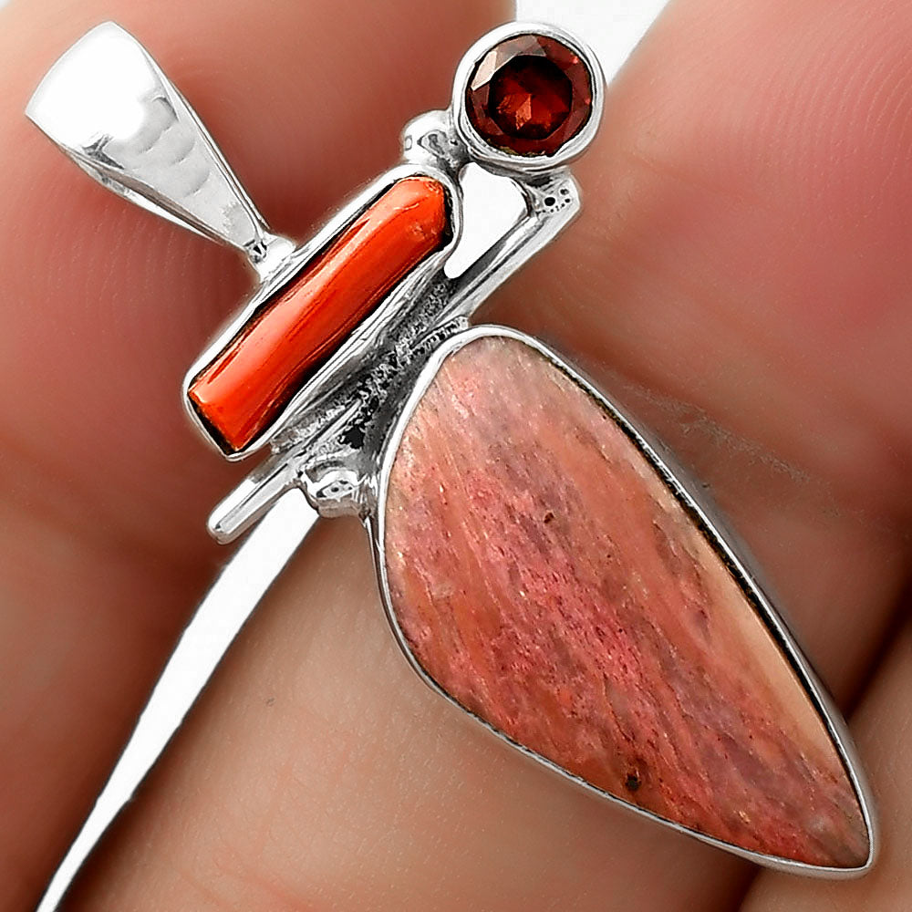 Pink Tulip Quartz, Coral Stick & Garnet Pendant P-1708 SDP109549