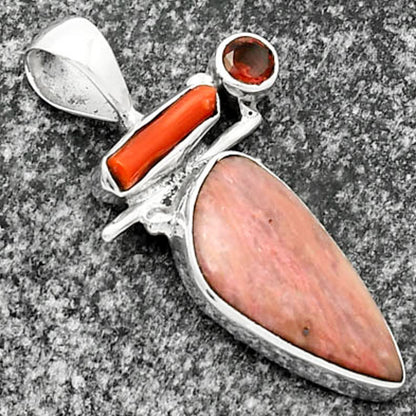 Pink Tulip Quartz, Coral Stick & Garnet Pendant P-1708 SDP109549