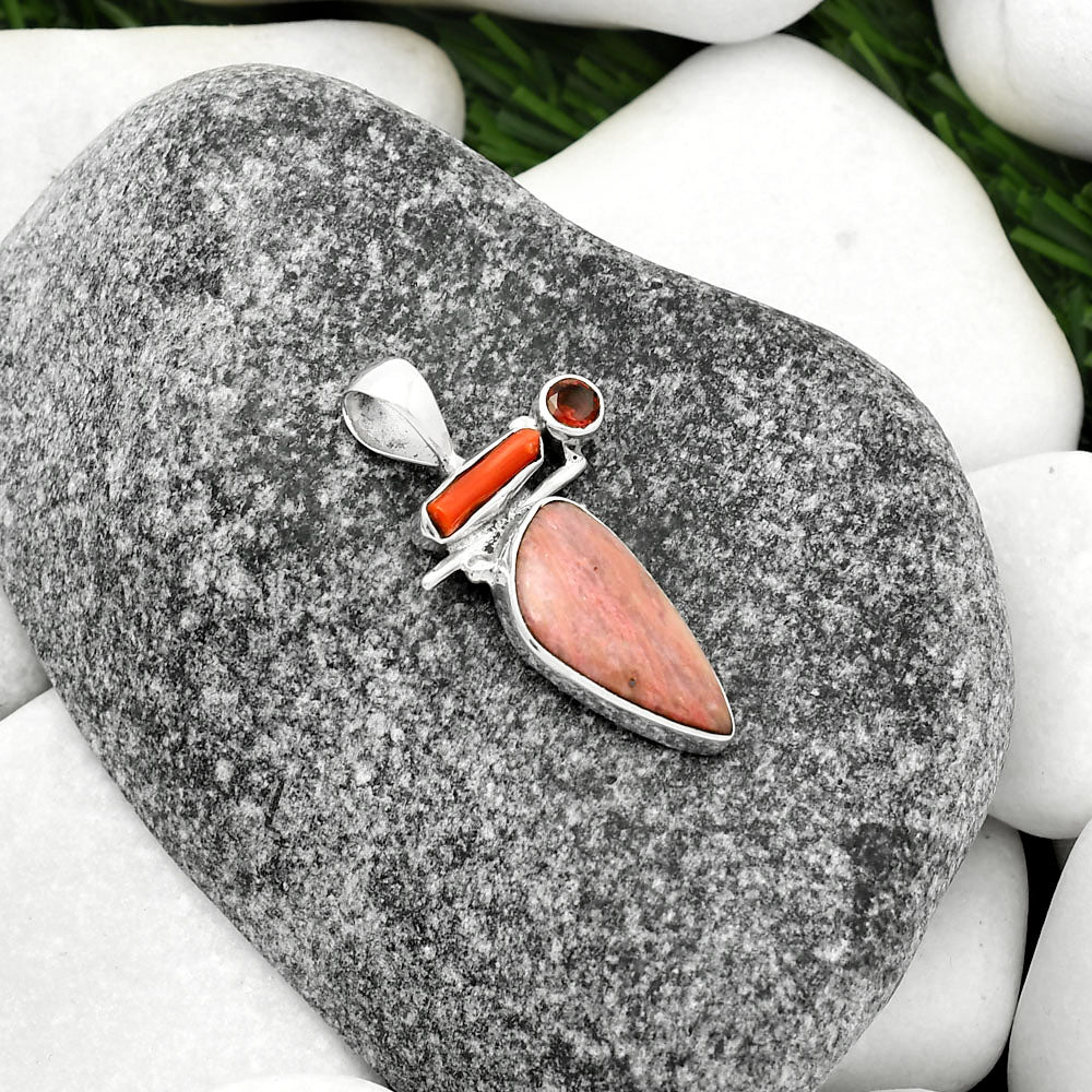 Pink Tulip Quartz, Coral Stick & Garnet Pendant P-1708 SDP109549