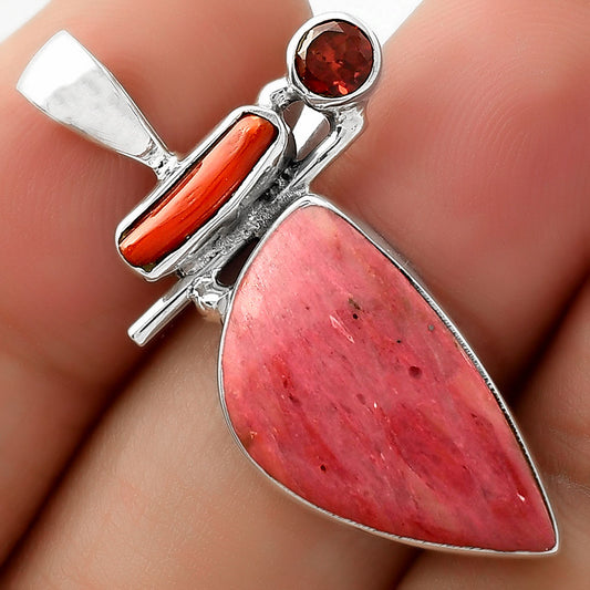 Pink Tulip Quartz, Coral Stick & Garnet Pendant P-1708 SDP109574