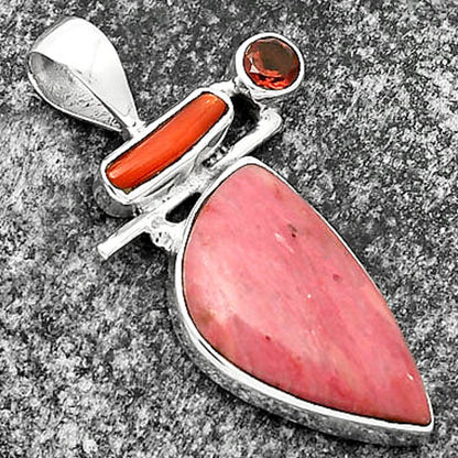 Pink Tulip Quartz, Coral Stick & Garnet Pendant P-1708 SDP109574