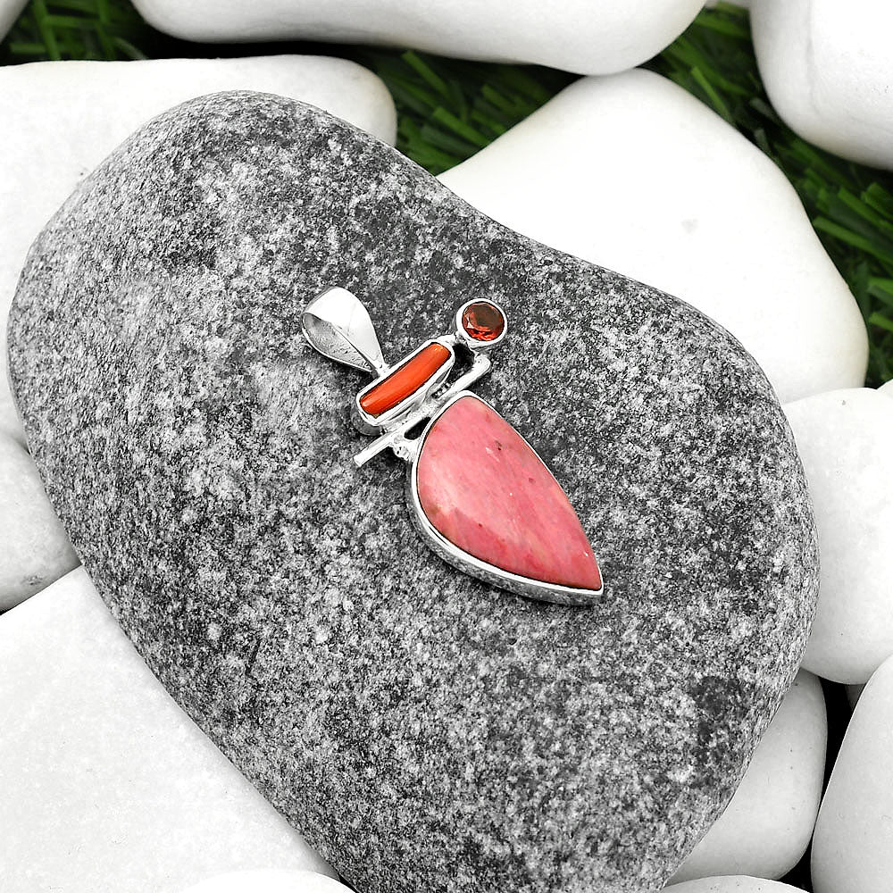 Pink Tulip Quartz, Coral Stick & Garnet Pendant P-1708 SDP109574
