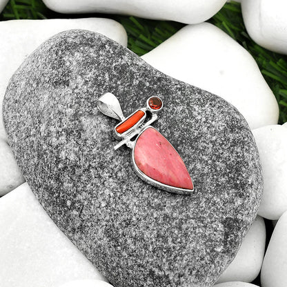 Pink Tulip Quartz, Coral Stick & Garnet Pendant P-1708 SDP109574