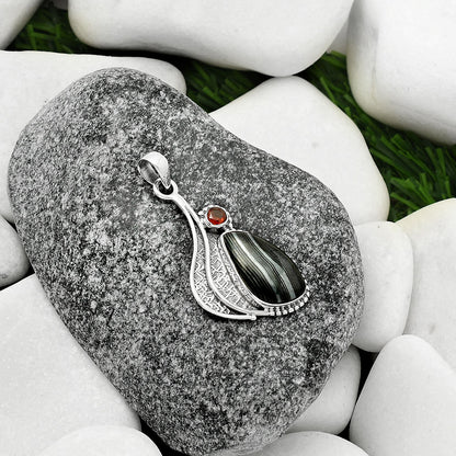 Crown Of Silver Psilomelane - Black Malachite & Garnet Pendant P-1467 SDP109649
